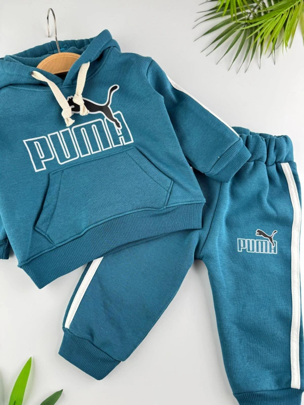3 İp İçi Şardonlu 3’lü Kışlık Kapüşonlu Erkek Bebek Spor Takım - TURKUAZ