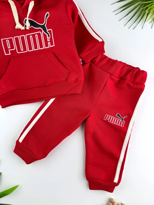 3 İp İçi Şardonlu 3’lü Kışlık Kapüşonlu Erkek Bebek Spor Takım - KIRMIZI