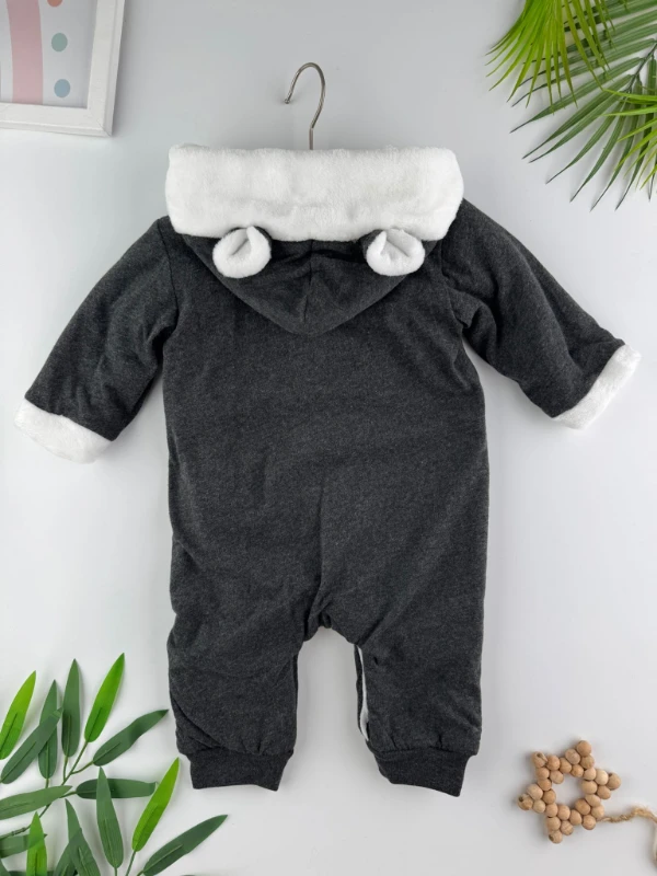 Kapüşonlu İçi Yumuşacık Peluşlu Kulaklı Tulum Kışlık Unisex Tulum - GRİ