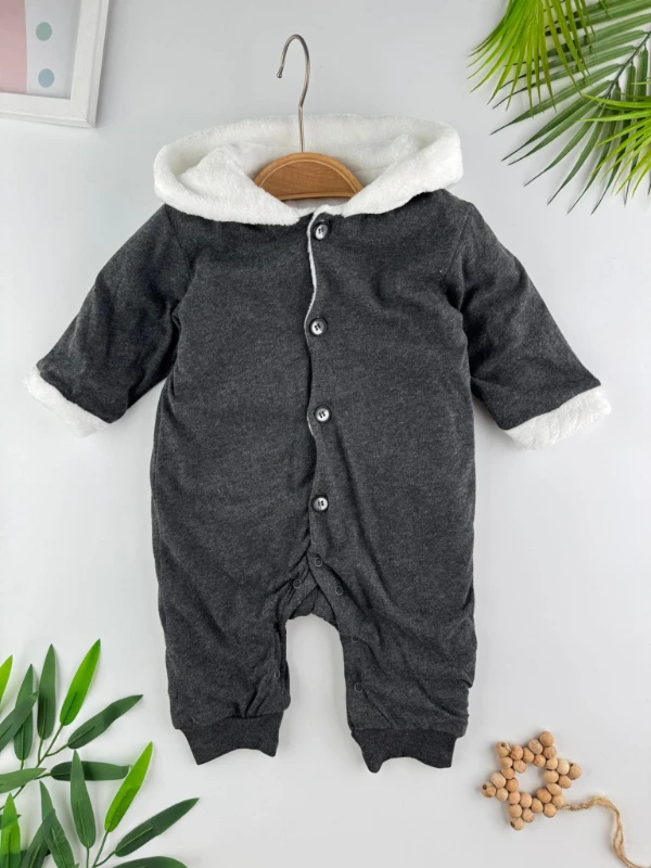 Kapüşonlu İçi Yumuşacık Peluşlu Kulaklı Tulum Kışlık Unisex Tulum - GRİ