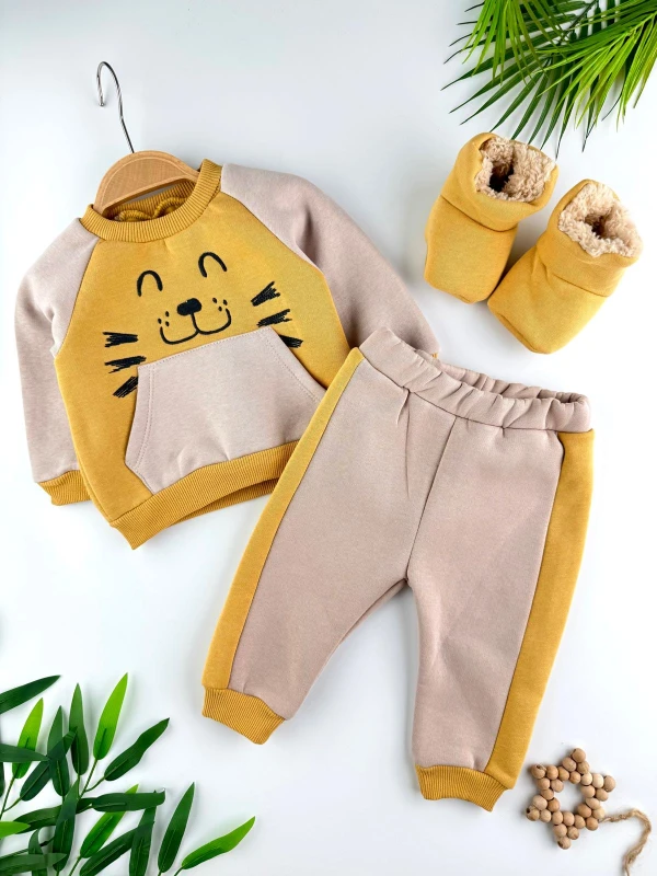 Panduflu 3 İp İçi Şardonlu Kışlık Erkek Bebek Premium Takım - SARI