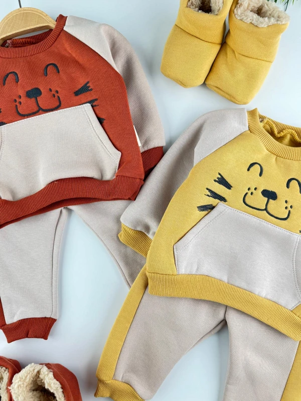 Panduflu 3 İp İçi Şardonlu Kışlık Erkek Bebek Premium Takım - KİREMİT