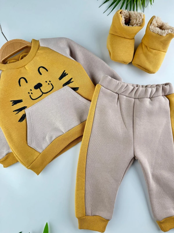 Panduflu 3 İp İçi Şardonlu Kışlık Erkek Bebek Premium Takım - SARI