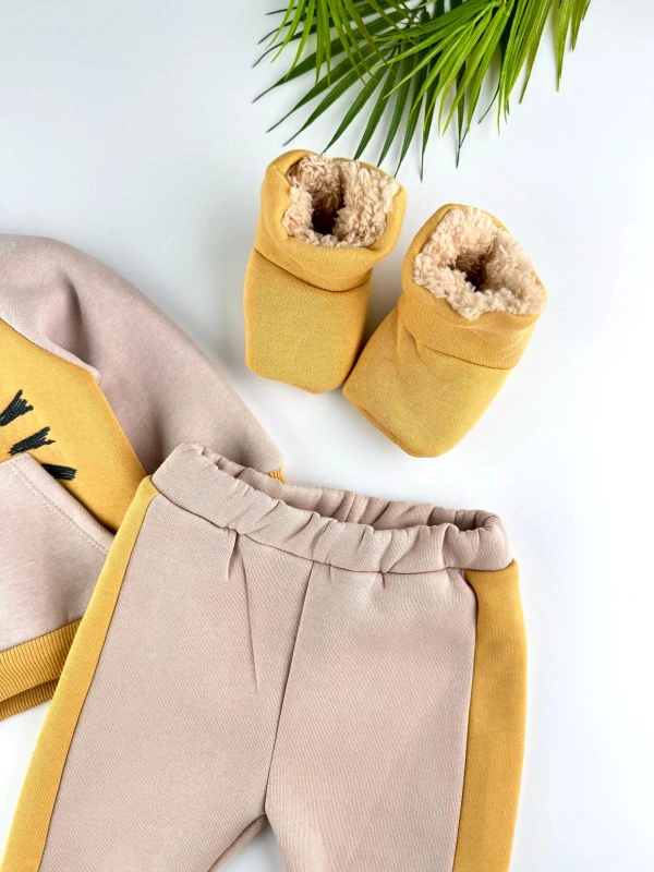 Panduflu 3 İp İçi Şardonlu Kışlık Erkek Bebek Premium Takım - SARI