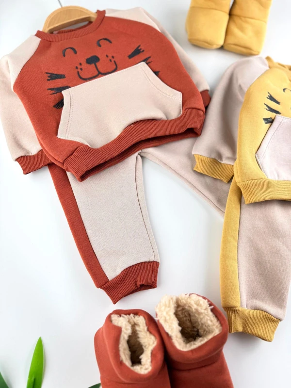 Panduflu 3 İp İçi Şardonlu Kışlık Erkek Bebek Premium Takım - KİREMİT