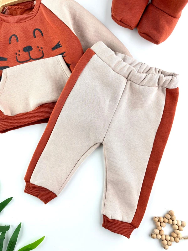 Panduflu 3 İp İçi Şardonlu Kışlık Erkek Bebek Premium Takım - KİREMİT