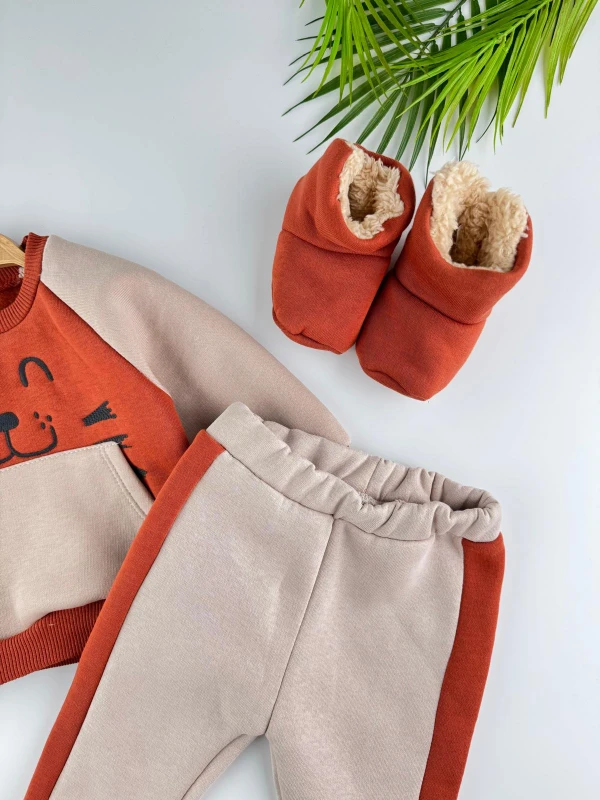 Panduflu 3 İp İçi Şardonlu Kışlık Erkek Bebek Premium Takım - KİREMİT