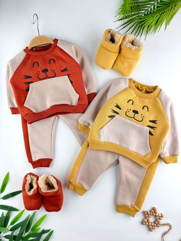 Panduflu 3 İp İçi Şardonlu Kışlık Erkek Bebek Premium Takım - SARI