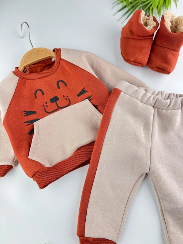 Panduflu 3 İp İçi Şardonlu Kışlık Erkek Bebek Premium Takım - KİREMİT