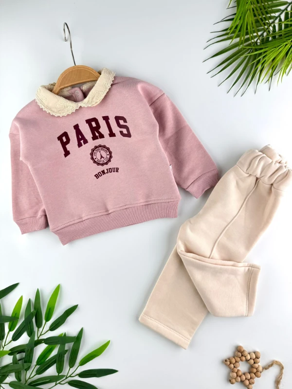 Paris Yaka Detaylı 3 İp Şardonlu Kışlık Kız Bebek İkili Takım - PEMBE