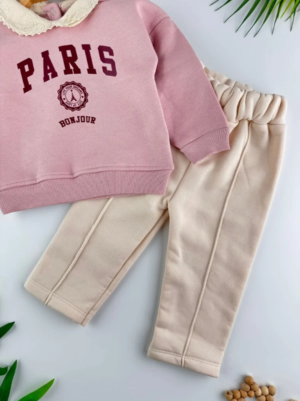 Paris Yaka Detaylı 3 İp Şardonlu Kışlık Kız Bebek İkili Takım - PEMBE