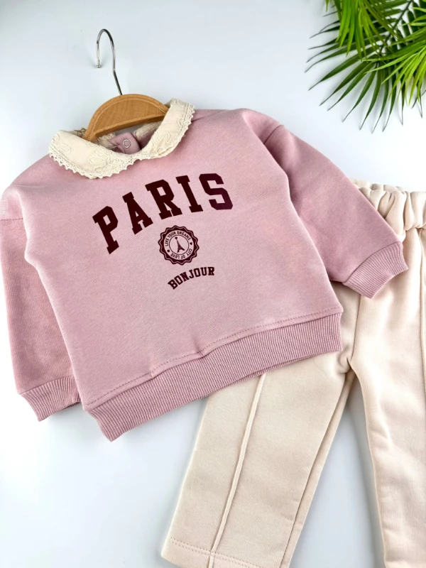 Paris Yaka Detaylı 3 İp Şardonlu Kışlık Kız Bebek İkili Takım - PEMBE