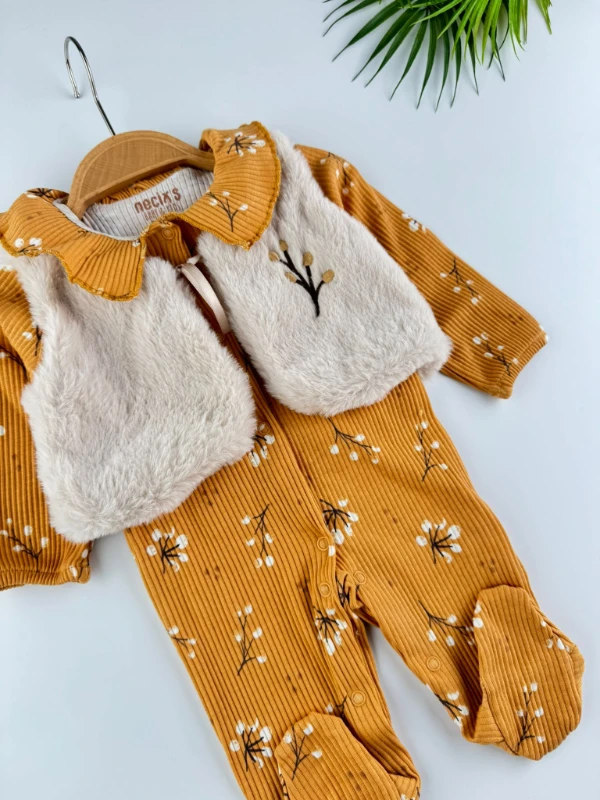 Peluş Kürk Yelekli %100 Pamuklu Fitilli Esnek Kumaş Kız Bebek Tulum Set - HARDAL