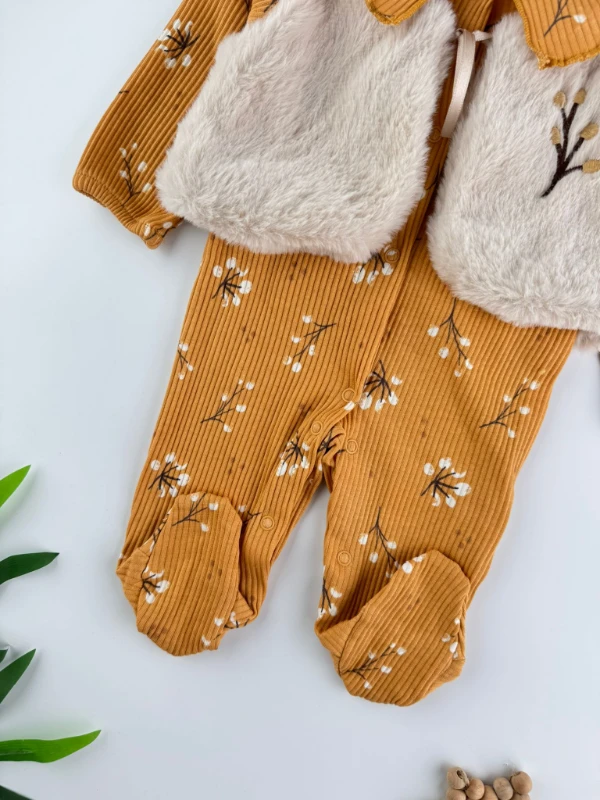 Peluş Kürk Yelekli %100 Pamuklu Fitilli Esnek Kumaş Kız Bebek Tulum Set - HARDAL