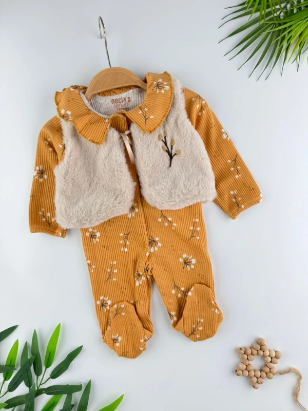 Peluş Kürk Yelekli %100 Pamuklu Fitilli Esnek Kumaş Kız Bebek Tulum Set - HARDAL