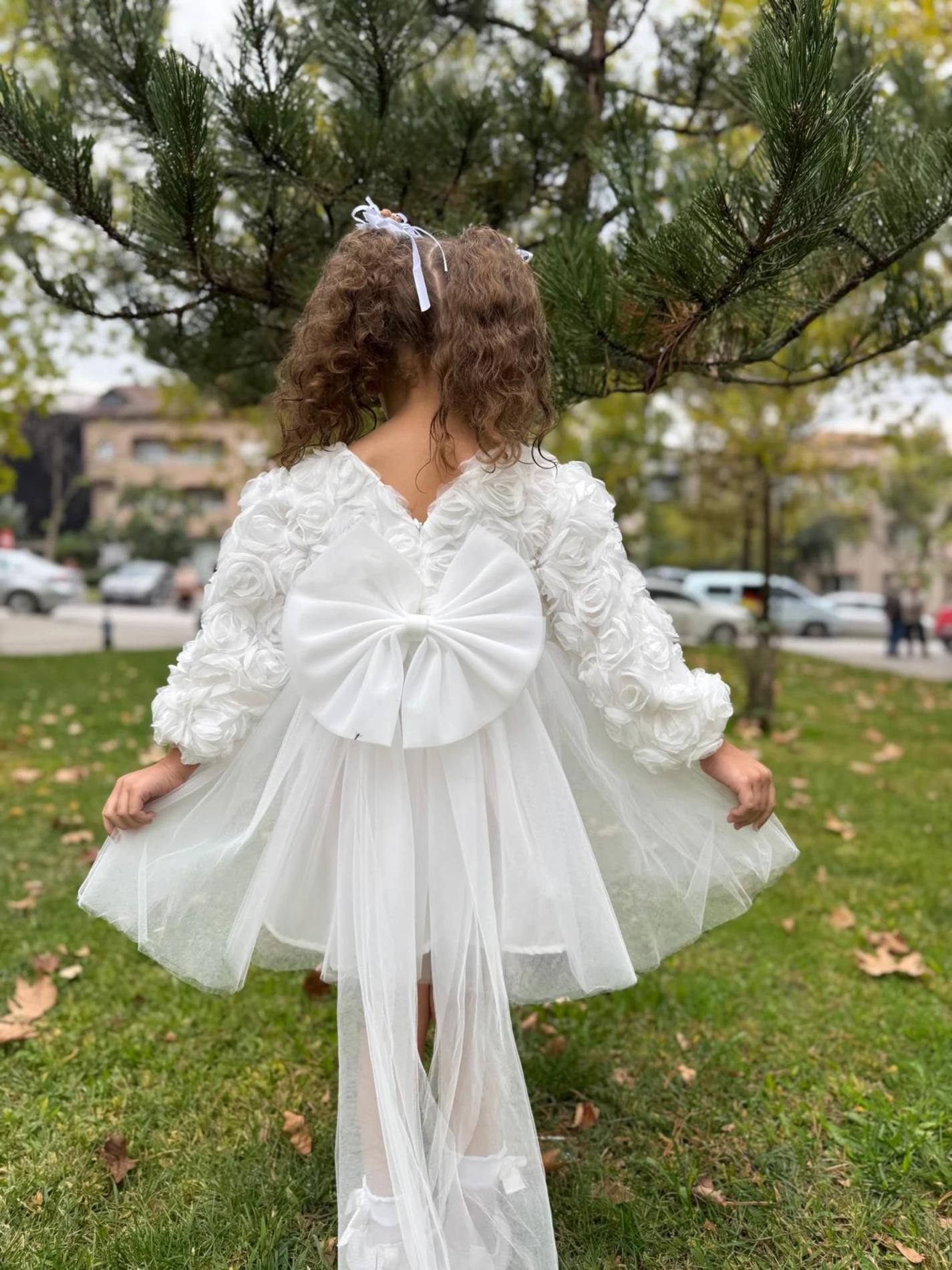  Kız Bebek Elbise Uzun Kollu Fiyonklu Güllü Doğum Günü Parti Düğün Özel Gün Abiye Kız Çocuk Elbise - BEYAZ