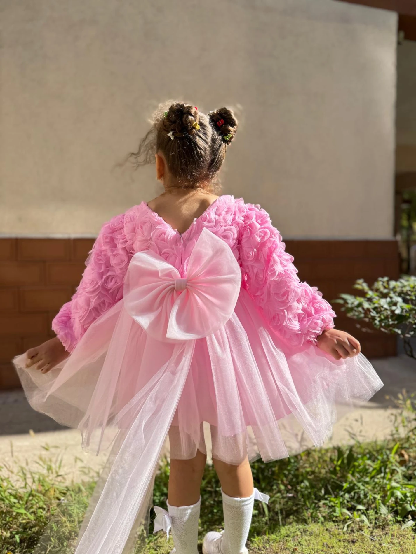  Kız Bebek Elbise Uzun Kollu Fiyonklu Güllü Doğum Günü Parti Düğün Özel Gün Abiye Kız Çocuk Elbise - PEMBE