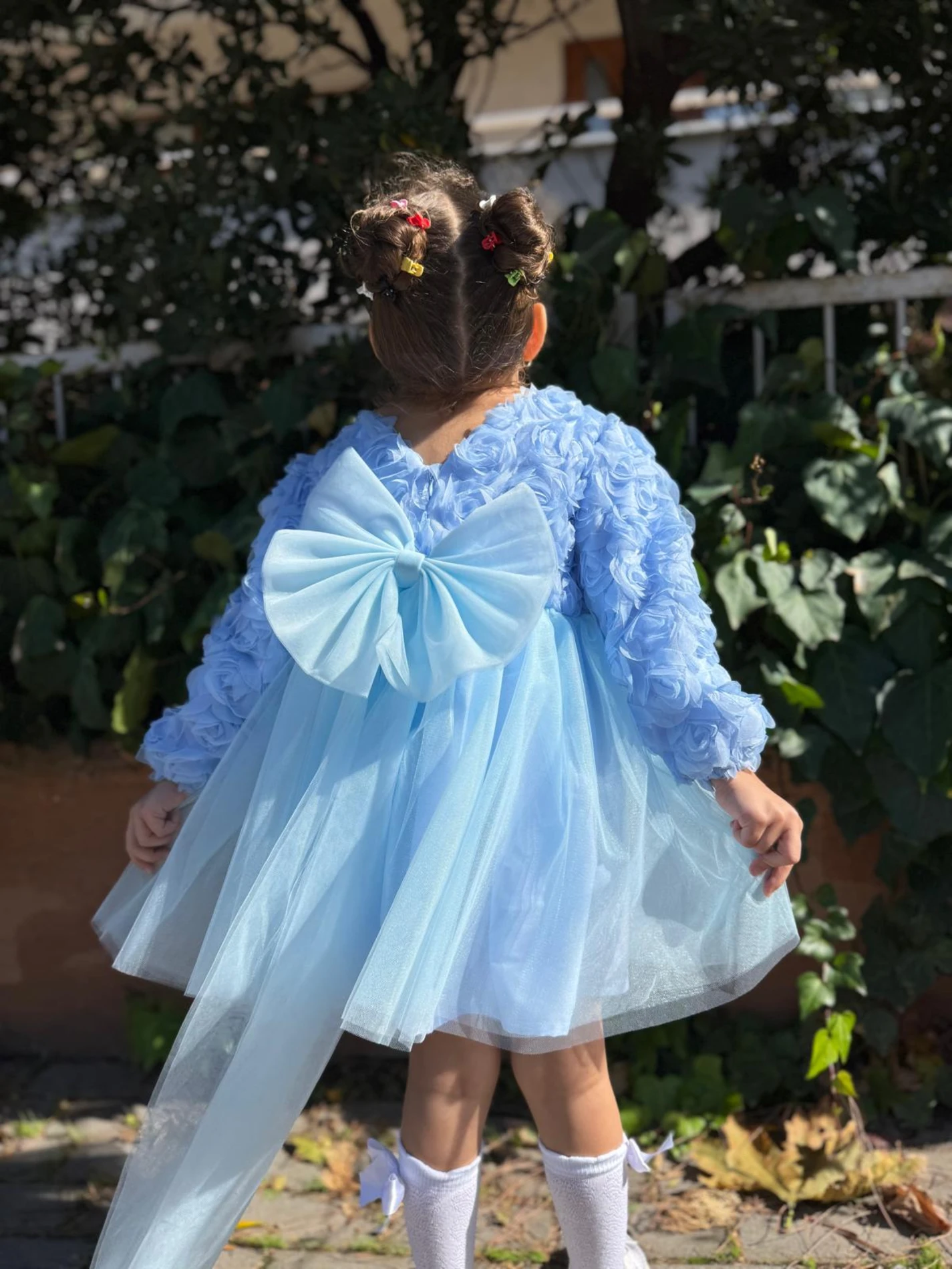  Kız Bebek Elbise Uzun Kollu Fiyonklu Güllü Doğum Günü Parti Düğün Özel Gün Abiye Kız Çocuk Elbise - MAVİ