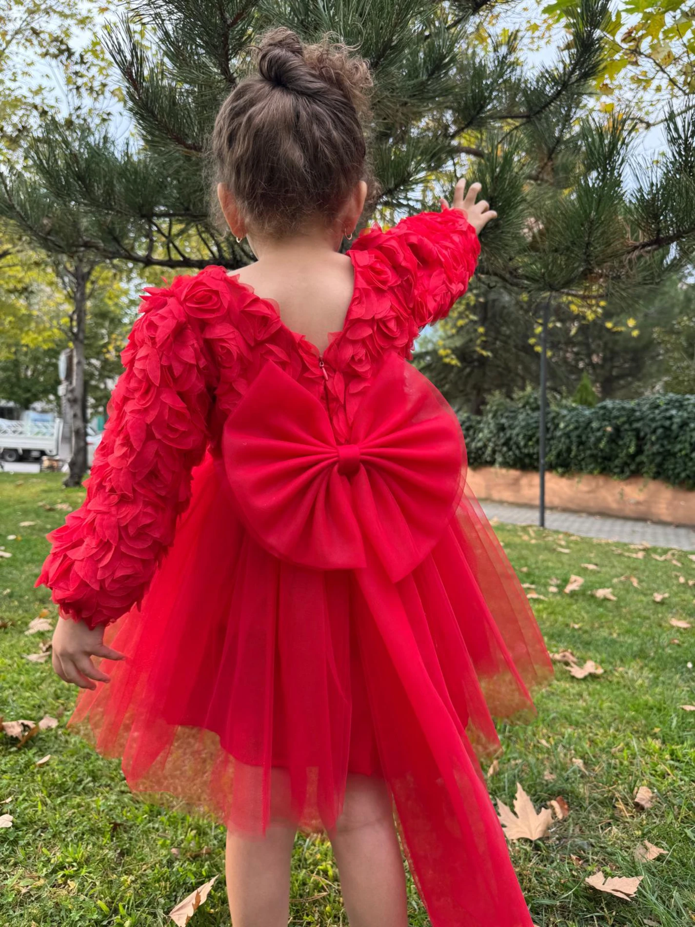  Kız Bebek Elbise Uzun Kollu Fiyonklu Güllü Doğum Günü Parti Düğün Özel Gün Abiye Kız Çocuk Elbise - KIRMIZI