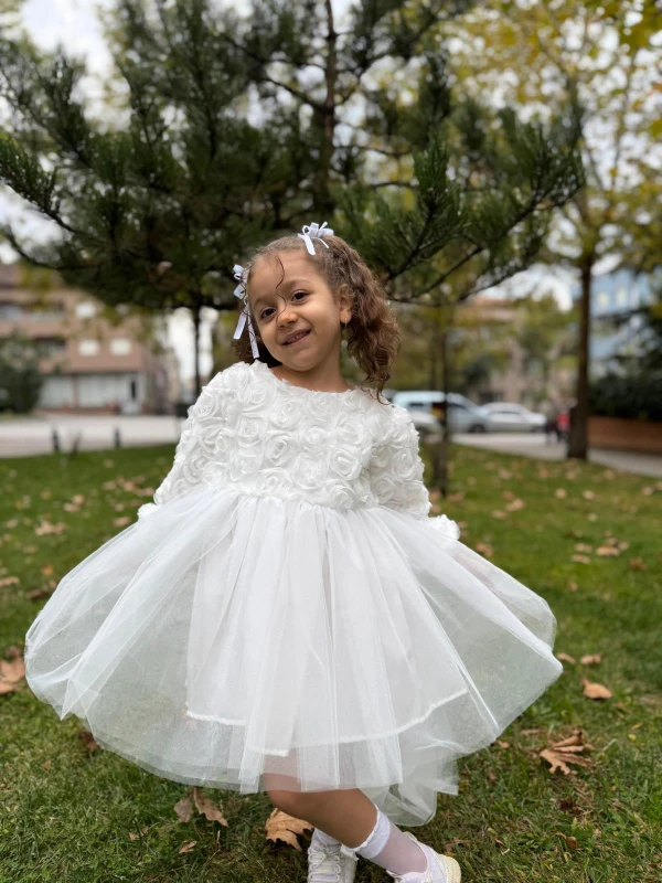  Kız Bebek Elbise Uzun Kollu Fiyonklu Güllü Doğum Günü Parti Düğün Özel Gün Abiye Kız Çocuk Elbise - BEYAZ