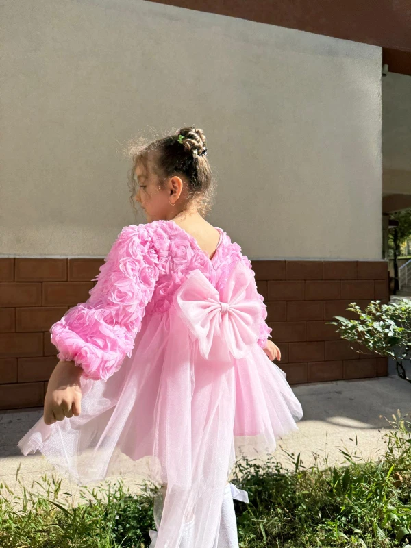  Kız Bebek Elbise Uzun Kollu Fiyonklu Güllü Doğum Günü Parti Düğün Özel Gün Abiye Kız Çocuk Elbise - PEMBE