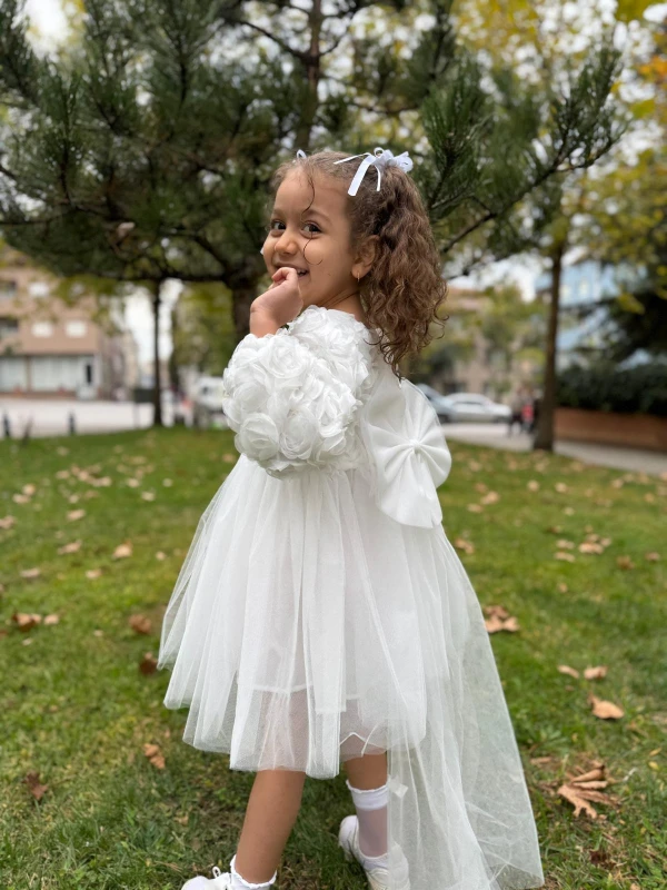  Kız Bebek Elbise Uzun Kollu Fiyonklu Güllü Doğum Günü Parti Düğün Özel Gün Abiye Kız Çocuk Elbise - BEYAZ