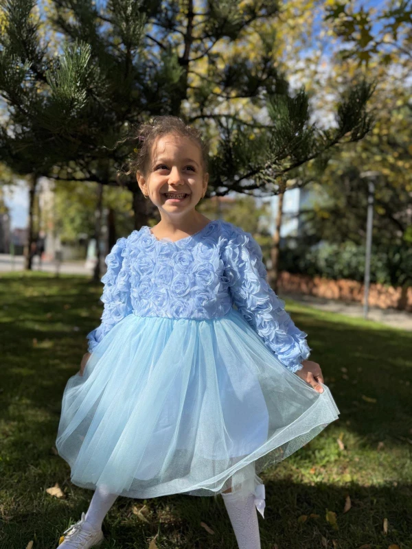  Kız Bebek Elbise Uzun Kollu Fiyonklu Güllü Doğum Günü Parti Düğün Özel Gün Abiye Kız Çocuk Elbise - MAVİ