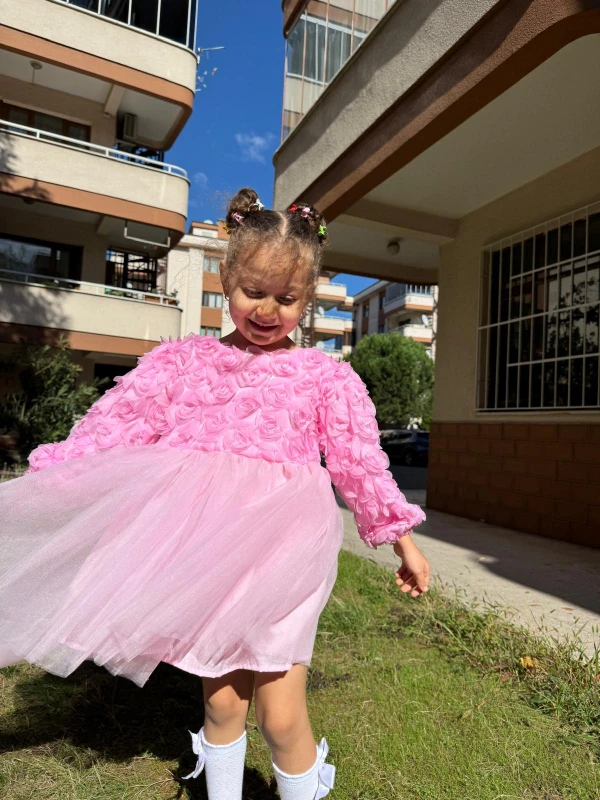  Kız Bebek Elbise Uzun Kollu Fiyonklu Güllü Doğum Günü Parti Düğün Özel Gün Abiye Kız Çocuk Elbise - PEMBE