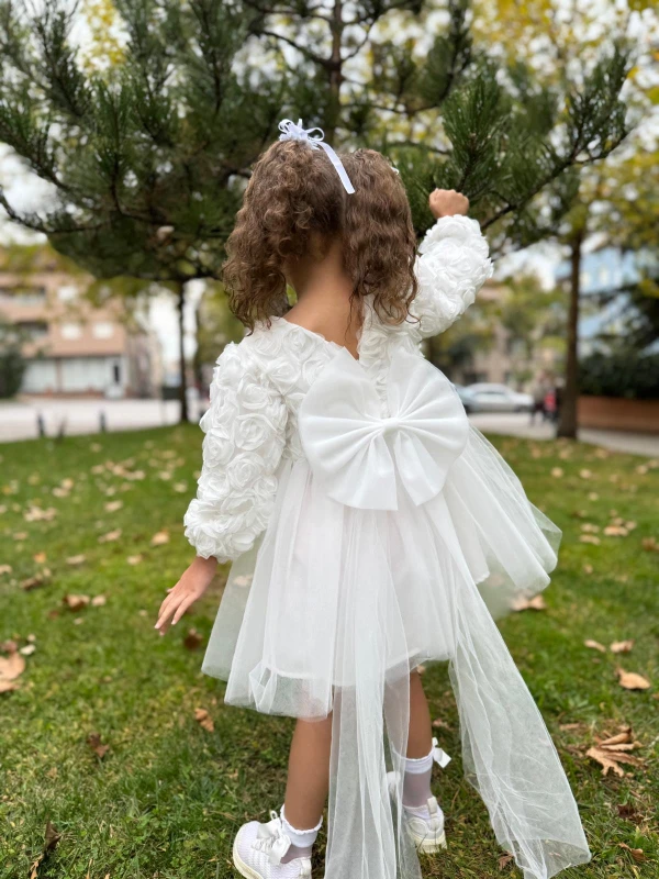  Kız Bebek Elbise Uzun Kollu Fiyonklu Güllü Doğum Günü Parti Düğün Özel Gün Abiye Kız Çocuk Elbise - BEYAZ