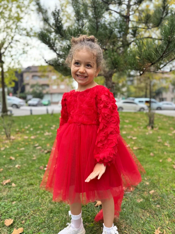  Kız Bebek Elbise Uzun Kollu Fiyonklu Güllü Doğum Günü Parti Düğün Özel Gün Abiye Kız Çocuk Elbise - KIRMIZI