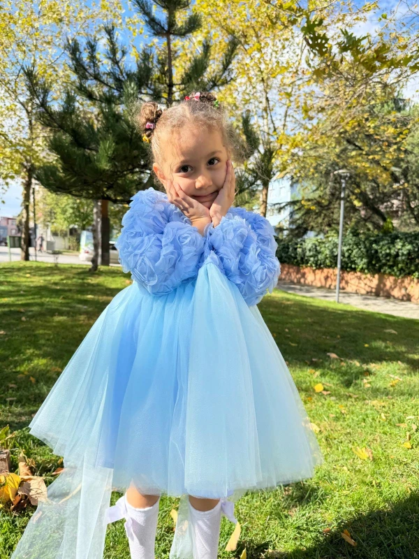  Kız Bebek Elbise Uzun Kollu Fiyonklu Güllü Doğum Günü Parti Düğün Özel Gün Abiye Kız Çocuk Elbise - MAVİ