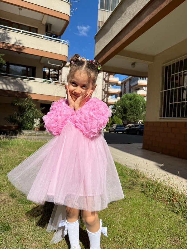  Kız Bebek Elbise Uzun Kollu Fiyonklu Güllü Doğum Günü Parti Düğün Özel Gün Abiye Kız Çocuk Elbise - PEMBE