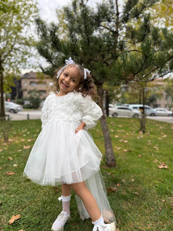  Kız Bebek Elbise Uzun Kollu Fiyonklu Güllü Doğum Günü Parti Düğün Özel Gün Abiye Kız Çocuk Elbise - BEYAZ