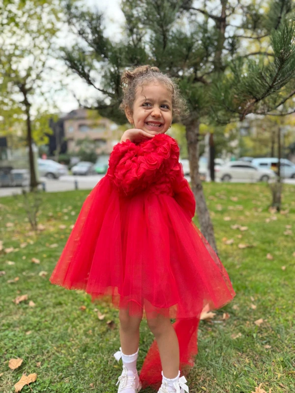  Kız Bebek Elbise Uzun Kollu Fiyonklu Güllü Doğum Günü Parti Düğün Özel Gün Abiye Kız Çocuk Elbise - KIRMIZI