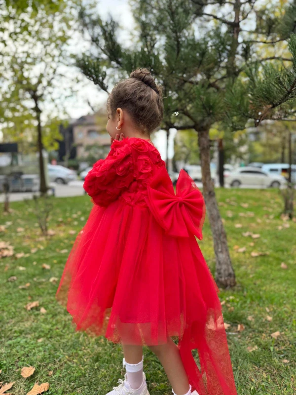  Kız Bebek Elbise Uzun Kollu Fiyonklu Güllü Doğum Günü Parti Düğün Özel Gün Abiye Kız Çocuk Elbise - KIRMIZI