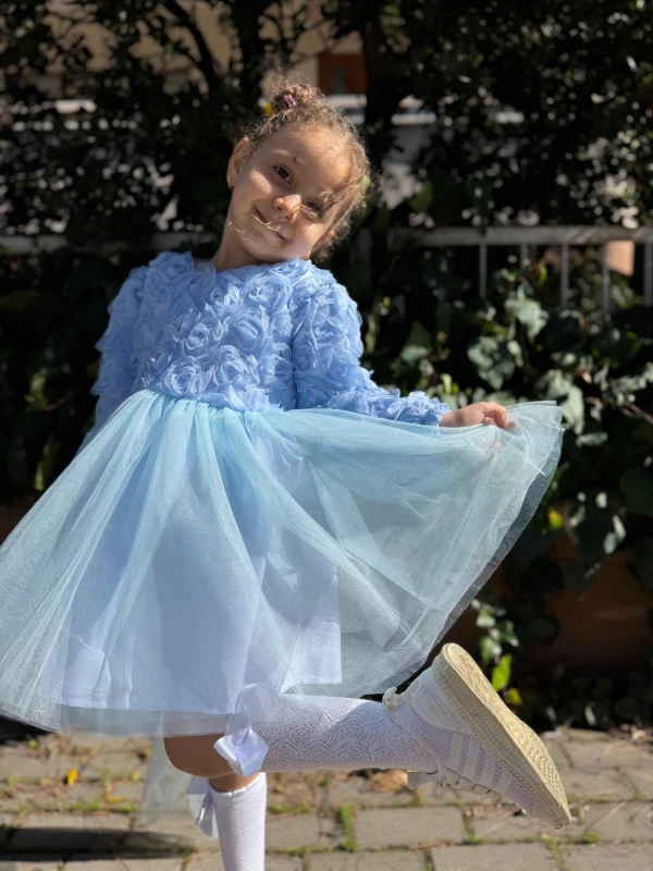  Kız Bebek Elbise Uzun Kollu Fiyonklu Güllü Doğum Günü Parti Düğün Özel Gün Abiye Kız Çocuk Elbise - MAVİ