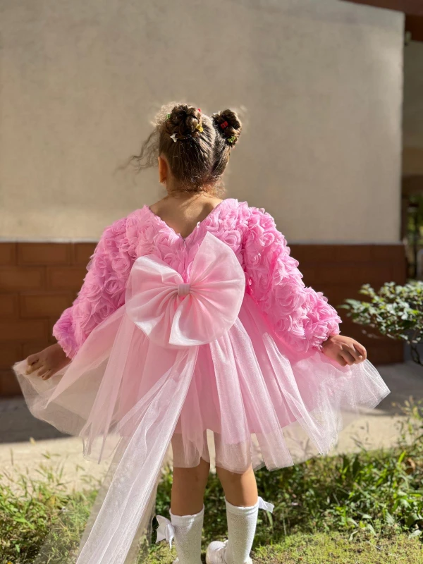  Kız Bebek Elbise Uzun Kollu Fiyonklu Güllü Doğum Günü Parti Düğün Özel Gün Abiye Kız Çocuk Elbise - PEMBE