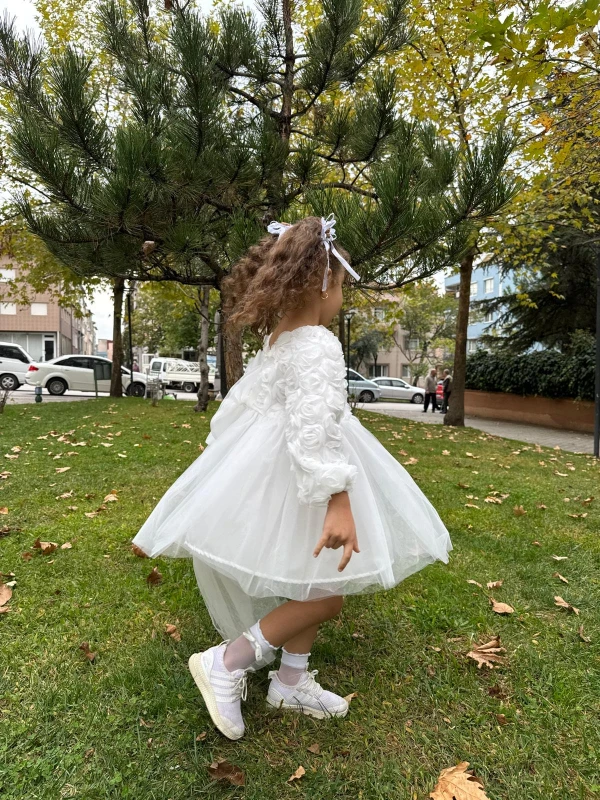  Kız Bebek Elbise Uzun Kollu Fiyonklu Güllü Doğum Günü Parti Düğün Özel Gün Abiye Kız Çocuk Elbise - BEYAZ