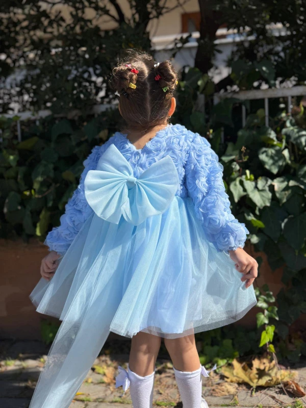  Kız Bebek Elbise Uzun Kollu Fiyonklu Güllü Doğum Günü Parti Düğün Özel Gün Abiye Kız Çocuk Elbise - MAVİ