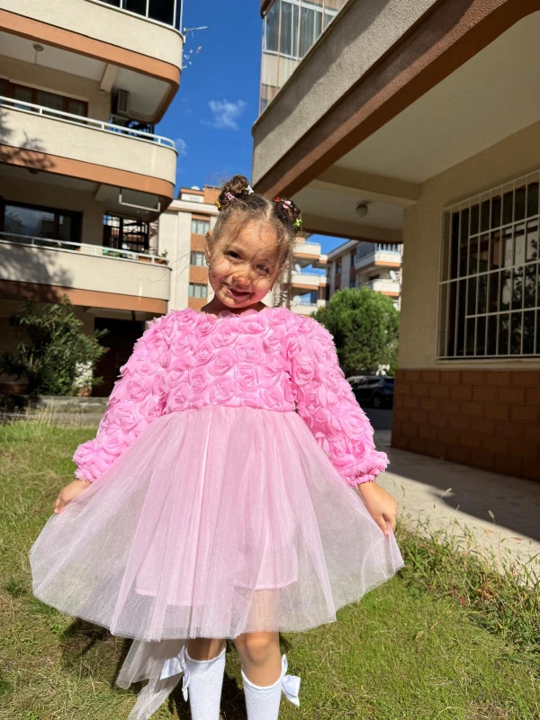 Kız Bebek Elbise Uzun Kollu Fiyonklu Güllü Doğum Günü Parti Düğün Özel Gün Abiye Kız Çocuk Elbise - PEMBE