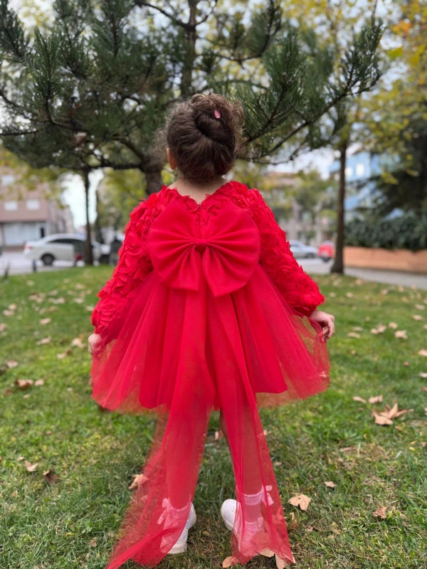  Kız Bebek Elbise Uzun Kollu Fiyonklu Güllü Doğum Günü Parti Düğün Özel Gün Abiye Kız Çocuk Elbise - KIRMIZI