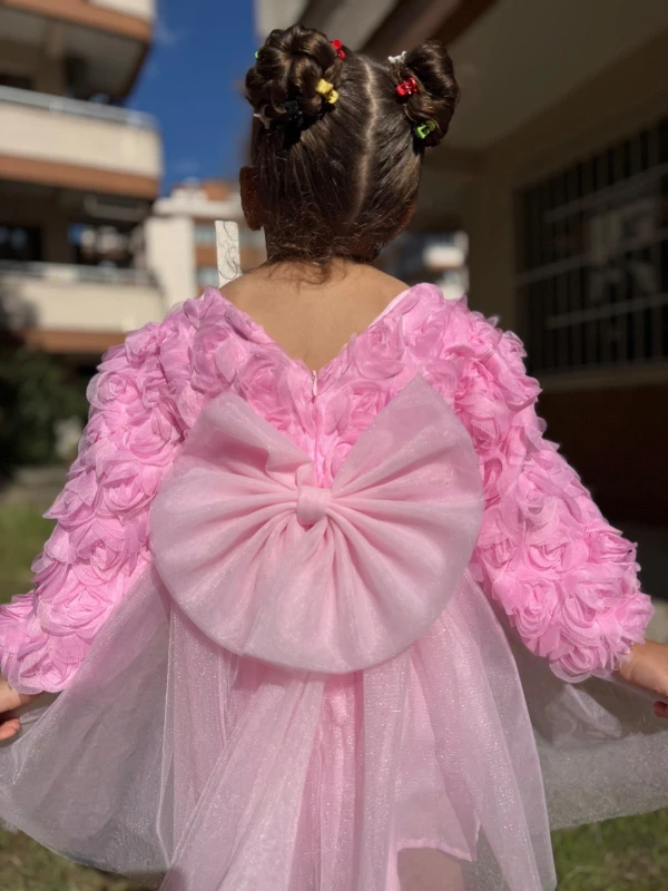  Kız Bebek Elbise Uzun Kollu Fiyonklu Güllü Doğum Günü Parti Düğün Özel Gün Abiye Kız Çocuk Elbise - PEMBE