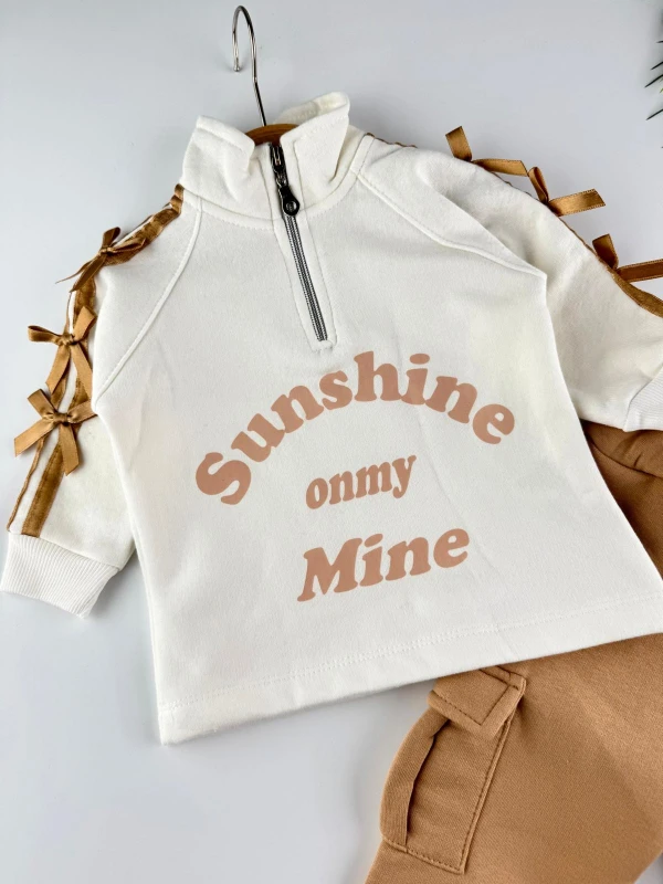 Sunshine Fiyonk Detaylı 3 İp Şardonlu Kışlık Kız Bebek İkili Takım - KAHVERENGİ