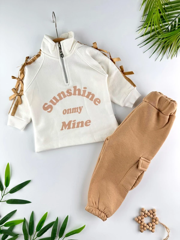 Sunshine Fiyonk Detaylı 3 İp Şardonlu Kışlık Kız Bebek İkili Takım - KAHVERENGİ