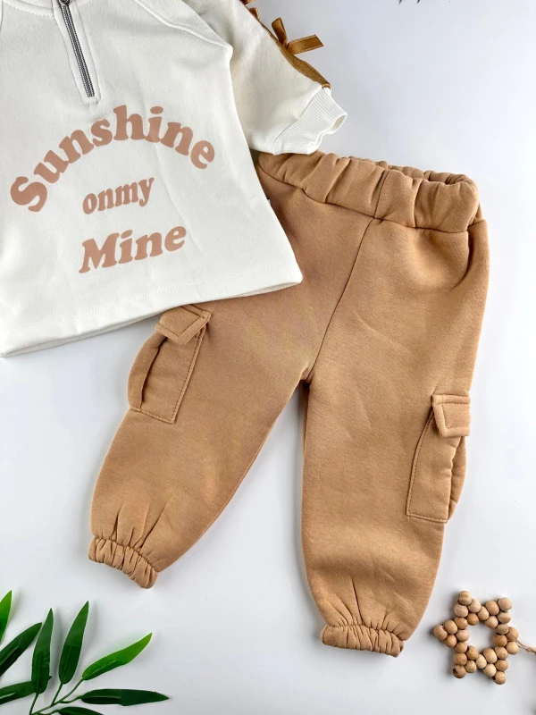 Sunshine Fiyonk Detaylı 3 İp Şardonlu Kışlık Kız Bebek İkili Takım - KAHVERENGİ