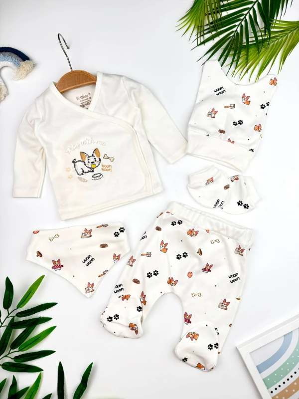 Köpüş %100 Pamuk 5'li Unisex Zıbın/Yenidoğan Seti - BEYAZ