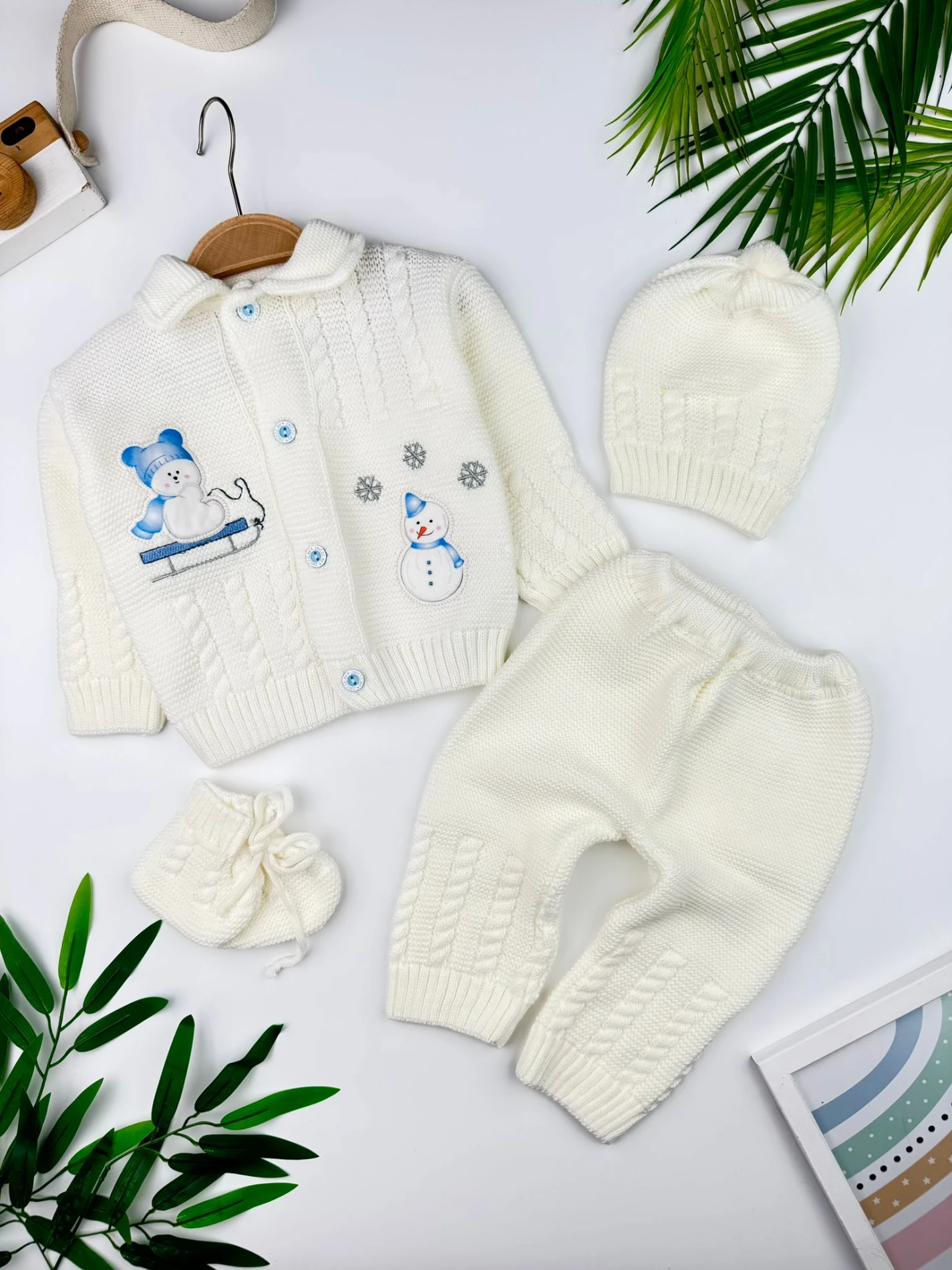 Kardan Adam Baskılı Örme Hırka Pantolon Patik Şapka 3'lü Set Kışlık Bebek Takım - MAVİ