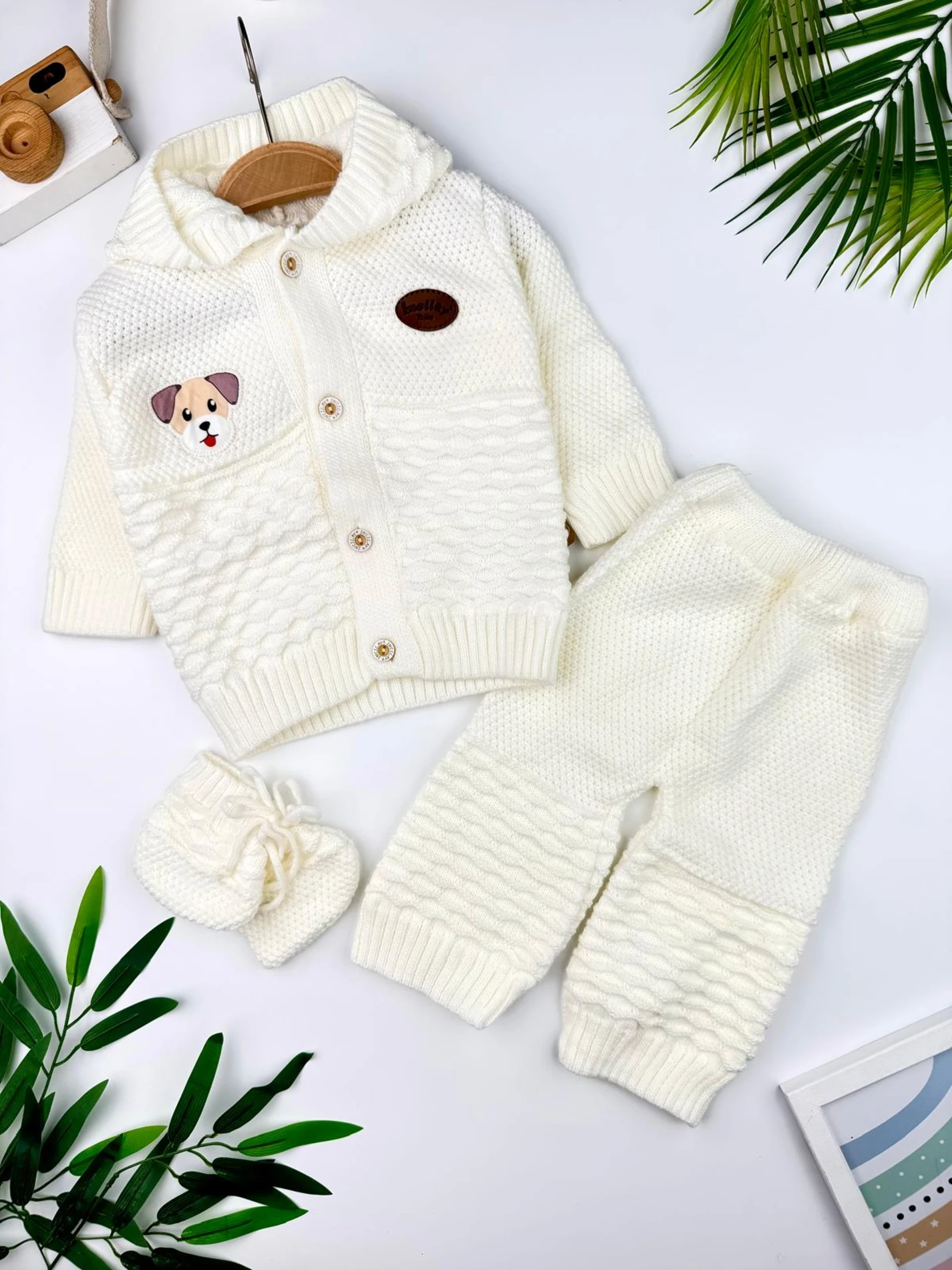 Köpüş Baskılı Örme Kapüşonlu Hırka Pantolon Patik 3'lü Set Bebek Takım - GÜLKURUSU