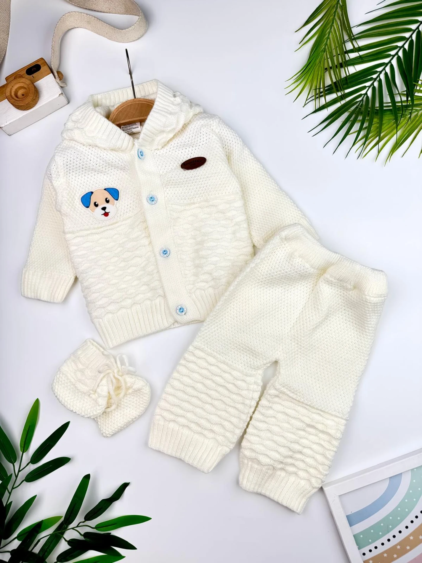 Köpüş Baskılı Örme Kapüşonlu Hırka Pantolon Patik 3'lü Set Bebek Takım - MAVİ