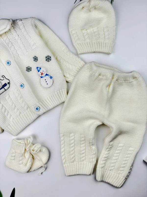Kardan Adam Baskılı Örme Hırka Pantolon Patik Şapka 3'lü Set Kışlık Bebek Takım - MAVİ